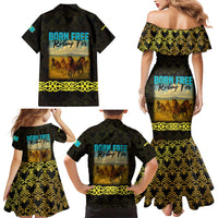 Kazakhstan Born Free Riding Far Family Matching Mermaid Dress and Hawaiian Shirt with Wild Horses and Gold Tribal Pattern on Black