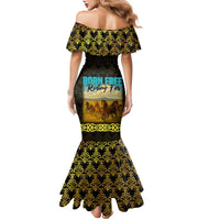 Kazakhstan Born Free Riding Far Family Matching Mermaid Dress and Hawaiian Shirt with Wild Horses and Gold Tribal Pattern on Black
