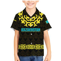 Kazakhstan Born Free Riding Far Family Matching Mermaid Dress and Hawaiian Shirt with Wild Horses and Gold Tribal Pattern on Black
