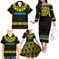 Kazakhstan Born Free Riding Far Family Matching Off The Shoulder Long Sleeve Dress and Hawaiian Shirt with Wild Horses and Gold Tribal Pattern on Black