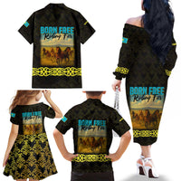 Kazakhstan Born Free Riding Far Family Matching Off The Shoulder Long Sleeve Dress and Hawaiian Shirt with Wild Horses and Gold Tribal Pattern on Black