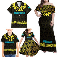 Kazakhstan Born Free Riding Far Family Matching Off Shoulder Maxi Dress and Hawaiian Shirt with Wild Horses and Gold Tribal Pattern on Black