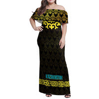 Kazakhstan Born Free Riding Far Family Matching Off Shoulder Maxi Dress and Hawaiian Shirt with Wild Horses and Gold Tribal Pattern on Black