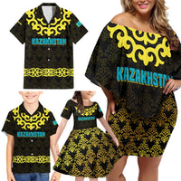 Kazakhstan Born Free Riding Far Family Matching Off Shoulder Short Dress and Hawaiian Shirt with Wild Horses and Gold Tribal Pattern on Black