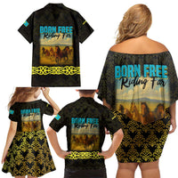 Kazakhstan Born Free Riding Far Family Matching Off Shoulder Short Dress and Hawaiian Shirt with Wild Horses and Gold Tribal Pattern on Black