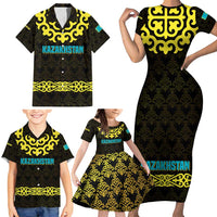 Kazakhstan Born Free Riding Far Family Matching Short Sleeve Bodycon Dress and Hawaiian Shirt with Wild Horses and Gold Tribal Pattern on Black