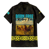 Kazakhstan Born Free Riding Far Family Matching Short Sleeve Bodycon Dress and Hawaiian Shirt with Wild Horses and Gold Tribal Pattern on Black