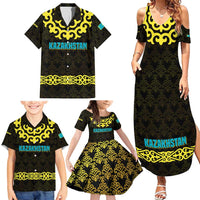 Kazakhstan Born Free Riding Far Family Matching Summer Maxi Dress and Hawaiian Shirt with Wild Horses and Gold Tribal Pattern on Black