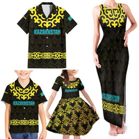 Kazakhstan Born Free Riding Far Family Matching Tank Maxi Dress and Hawaiian Shirt with Wild Horses and Gold Tribal Pattern on Black