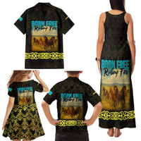 Kazakhstan Born Free Riding Far Family Matching Tank Maxi Dress and Hawaiian Shirt with Wild Horses and Gold Tribal Pattern on Black