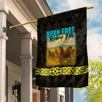 Kazakhstan Born Free Riding Far Garden Flag with Wild Horses and Gold Tribal Pattern on Black