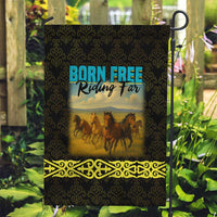 Kazakhstan Born Free Riding Far Garden Flag with Wild Horses and Gold Tribal Pattern on Black