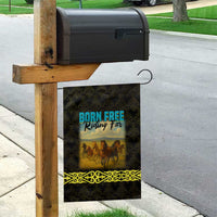 Kazakhstan Born Free Riding Far Garden Flag with Wild Horses and Gold Tribal Pattern on Black