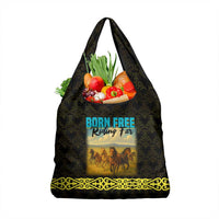 Kazakhstan Born Free Riding Far Grocery Bag with Wild Horses and Gold Tribal Pattern on Black