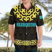 Kazakhstan Born Free Riding Far Hawaiian Shirt with Wild Horses and Gold Tribal Pattern on Black