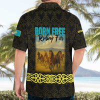Kazakhstan Born Free Riding Far Hawaiian Shirt with Wild Horses and Gold Tribal Pattern on Black