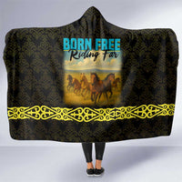 Kazakhstan Born Free Riding Far Hooded Blanket with Wild Horses and Gold Tribal Pattern on Black