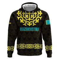 Kazakhstan Born Free Riding Far Hoodie with Wild Horses and Gold Tribal Pattern on Black