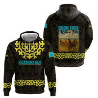 Kazakhstan Born Free Riding Far Hoodie with Wild Horses and Gold Tribal Pattern on Black