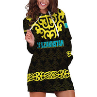 Kazakhstan Born Free Riding Far Hoodie Dress with Wild Horses and Gold Tribal Pattern on Black