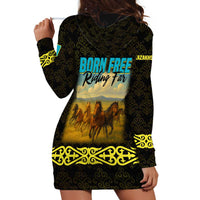 Kazakhstan Born Free Riding Far Hoodie Dress with Wild Horses and Gold Tribal Pattern on Black