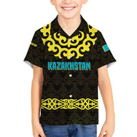 Kazakhstan Born Free Riding Far Kid Hawaiian Shirt with Wild Horses and Gold Tribal Pattern on Black
