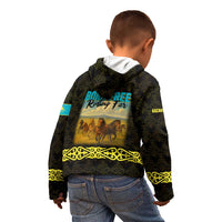 Kazakhstan Born Free Riding Far Kid Hoodie with Wild Horses and Gold Tribal Pattern on Black