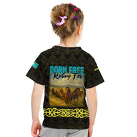 Kazakhstan Born Free Riding Far Kid T Shirt with Wild Horses and Gold Tribal Pattern on Black