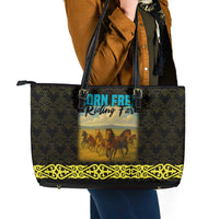 Kazakhstan Born Free Riding Far Leather Tote Bag with Wild Horses and Gold Tribal Pattern on Black