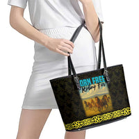 Kazakhstan Born Free Riding Far Leather Tote Bag with Wild Horses and Gold Tribal Pattern on Black