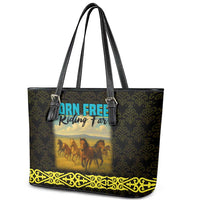 Kazakhstan Born Free Riding Far Leather Tote Bag with Wild Horses and Gold Tribal Pattern on Black