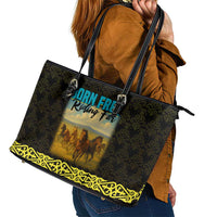 Kazakhstan Born Free Riding Far Leather Tote Bag with Wild Horses and Gold Tribal Pattern on Black