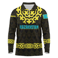 Kazakhstan Born Free Riding Far Long Sleeve Polo Shirt with Wild Horses and Gold Tribal Pattern on Black