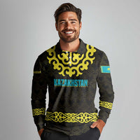 Kazakhstan Born Free Riding Far Long Sleeve Polo Shirt with Wild Horses and Gold Tribal Pattern on Black