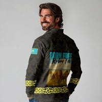 Kazakhstan Born Free Riding Far Long Sleeve Polo Shirt with Wild Horses and Gold Tribal Pattern on Black