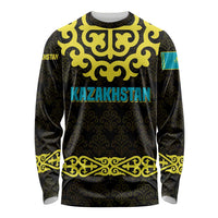 Kazakhstan Born Free Riding Far Long Sleeve Shirt with Wild Horses and Gold Tribal Pattern on Black