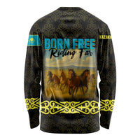 Kazakhstan Born Free Riding Far Long Sleeve Shirt with Wild Horses and Gold Tribal Pattern on Black