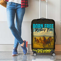 Kazakhstan Born Free Riding Far Luggage Cover with Wild Horses and Gold Tribal Pattern on Black