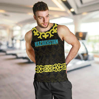 Kazakhstan Born Free Riding Far Men Tank Top with Wild Horses and Gold Tribal Pattern on Black