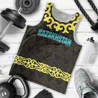 Kazakhstan Born Free Riding Far Men Tank Top with Wild Horses and Gold Tribal Pattern on Black