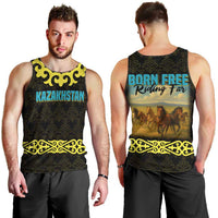 Kazakhstan Born Free Riding Far Men Tank Top with Wild Horses and Gold Tribal Pattern on Black