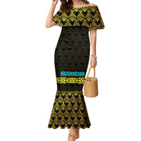 Kazakhstan Born Free Riding Far Mermaid Dress with Wild Horses and Gold Tribal Pattern on Black