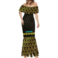 Kazakhstan Born Free Riding Far Mermaid Dress with Wild Horses and Gold Tribal Pattern on Black
