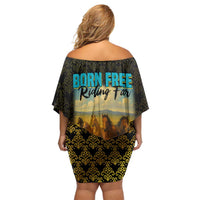 Kazakhstan Born Free Riding Far Off Shoulder Short Dress with Wild Horses and Gold Tribal Pattern on Black