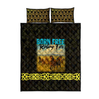 Kazakhstan Born Free Riding Far Quilt Bed Set with Wild Horses and Gold Tribal Pattern on Black