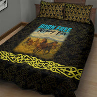 Kazakhstan Born Free Riding Far Quilt Bed Set with Wild Horses and Gold Tribal Pattern on Black