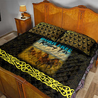 Kazakhstan Born Free Riding Far Quilt Bed Set with Wild Horses and Gold Tribal Pattern on Black