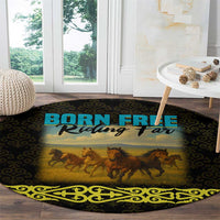 Kazakhstan Born Free Riding Far Round Carpet with Wild Horses and Gold Tribal Pattern on Black
