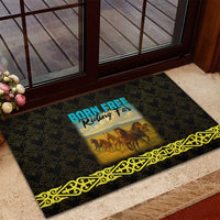 Kazakhstan Born Free Riding Far Rubber Doormat with Wild Horses and Gold Tribal Pattern on Black