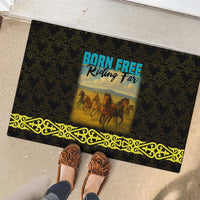 Kazakhstan Born Free Riding Far Rubber Doormat with Wild Horses and Gold Tribal Pattern on Black